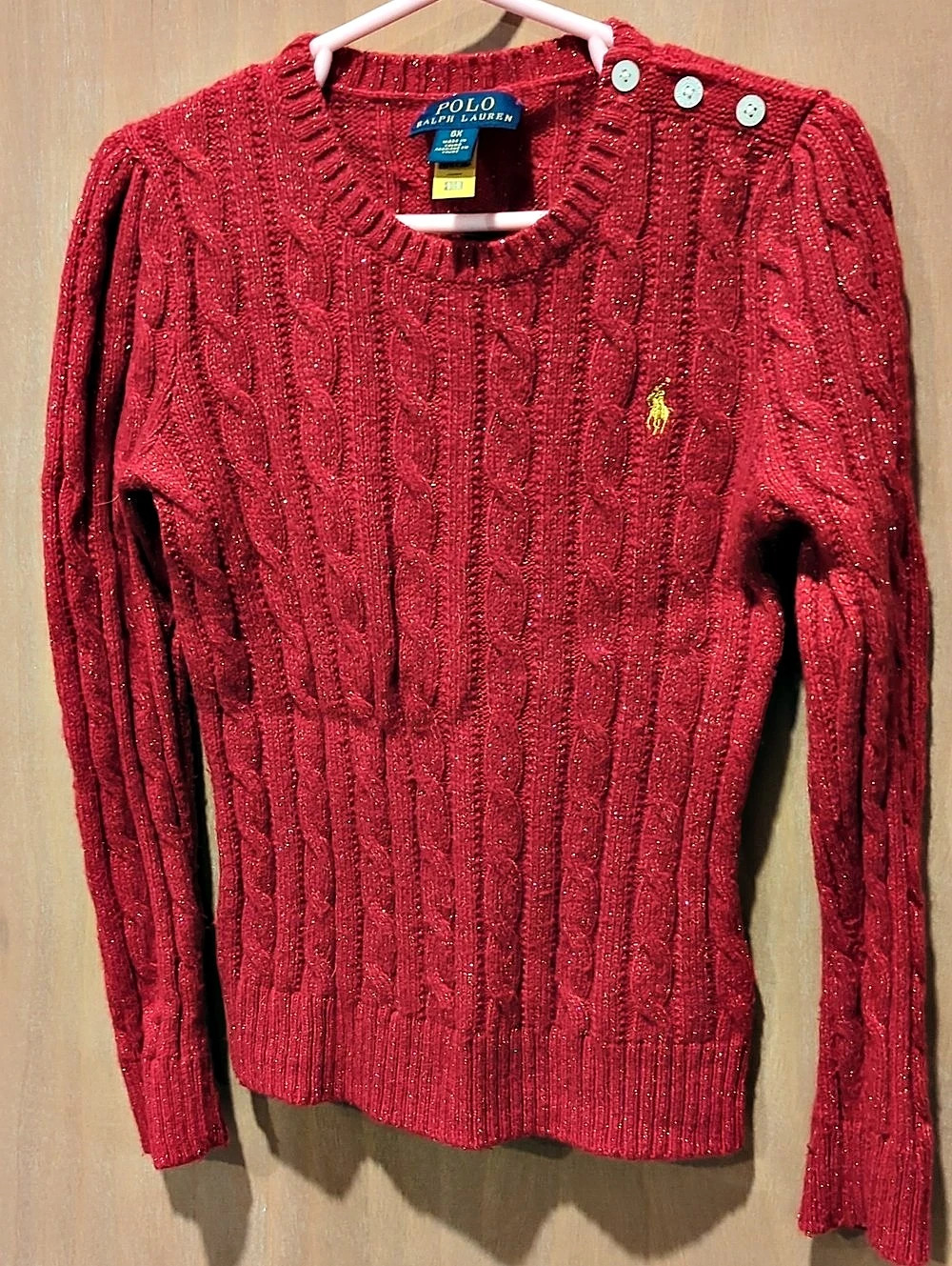 Polo Ralph Lauren Girls Metallic Cable-Knit Sweater Girls Size 6X Red Cable Knit